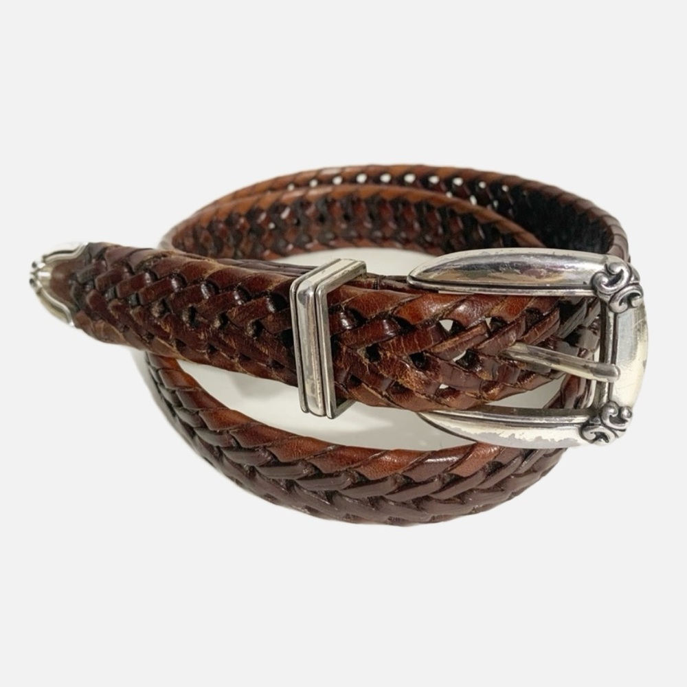 Fossil Woven Braided Leather Belt with Square Silver Toned Buckle Size M Brown🟫